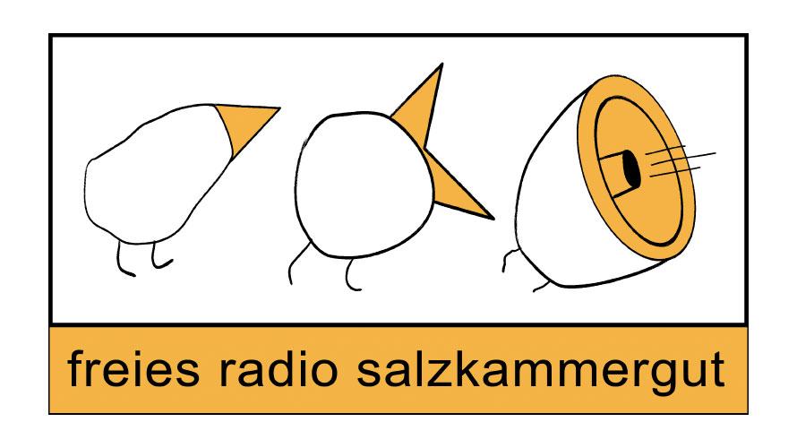 Logo Grafik mit vogelähnlichem Tier, daneben vogelähnliches Tier reißt den Schnabel weit auf, daneben ein Megaphone