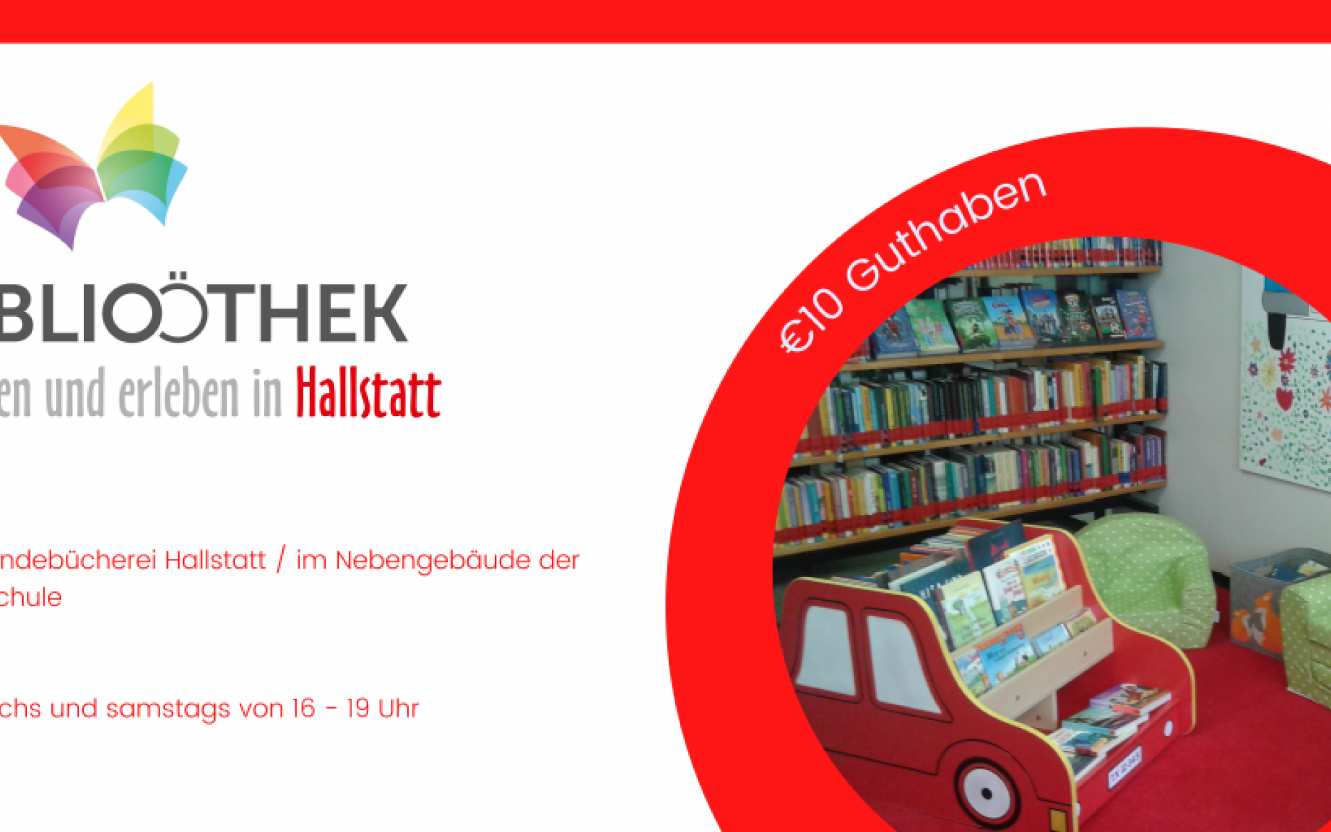 Foto mit Text und innen von der Bücherei